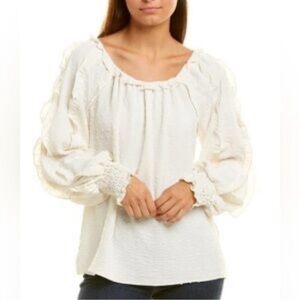 Max Studio White Smocked Swiss Dot Top, size S